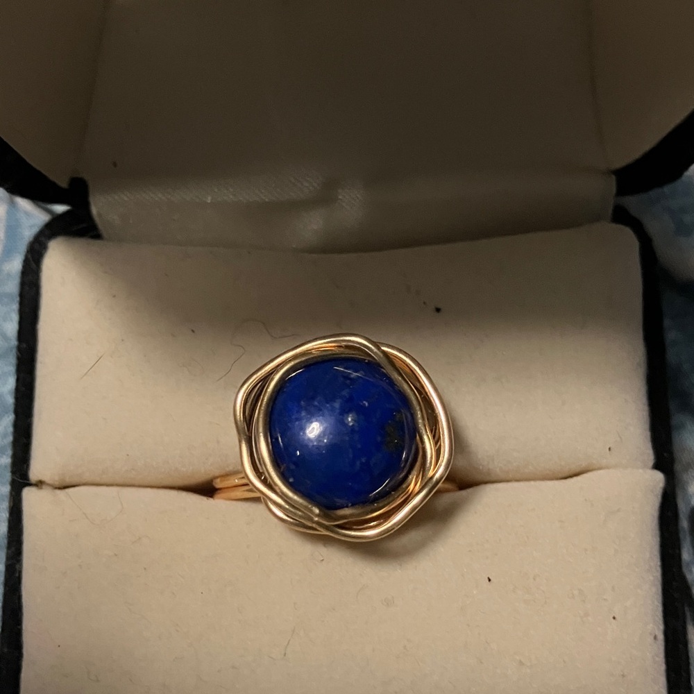 14kt Gold plated Copper Wite and Blue Lapis Lazuli Stone Ring